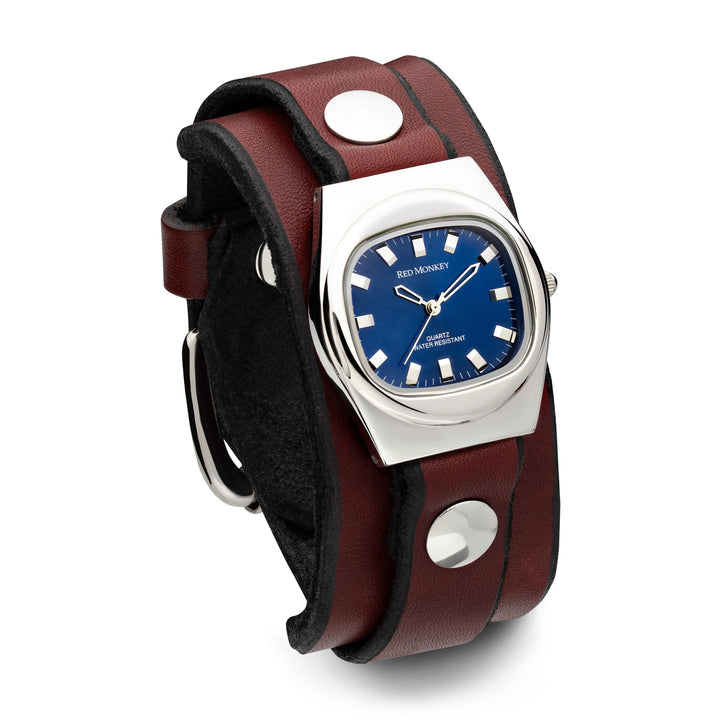 Red Monkey leather watch in Oxblood with Blue Timepiece