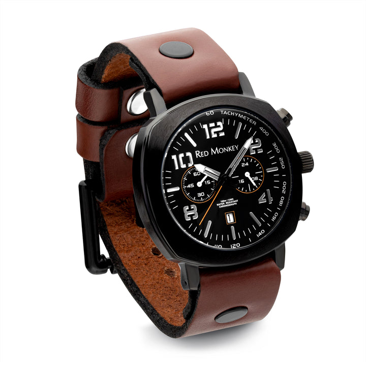 Black on black chronograph with cognac smooth leather band
