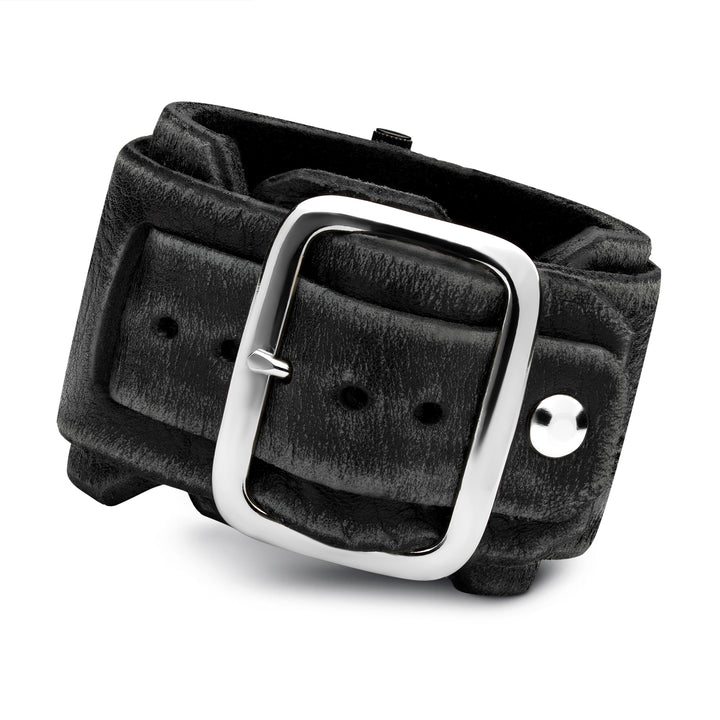 Black wide cuff watch in distressed vintage leather