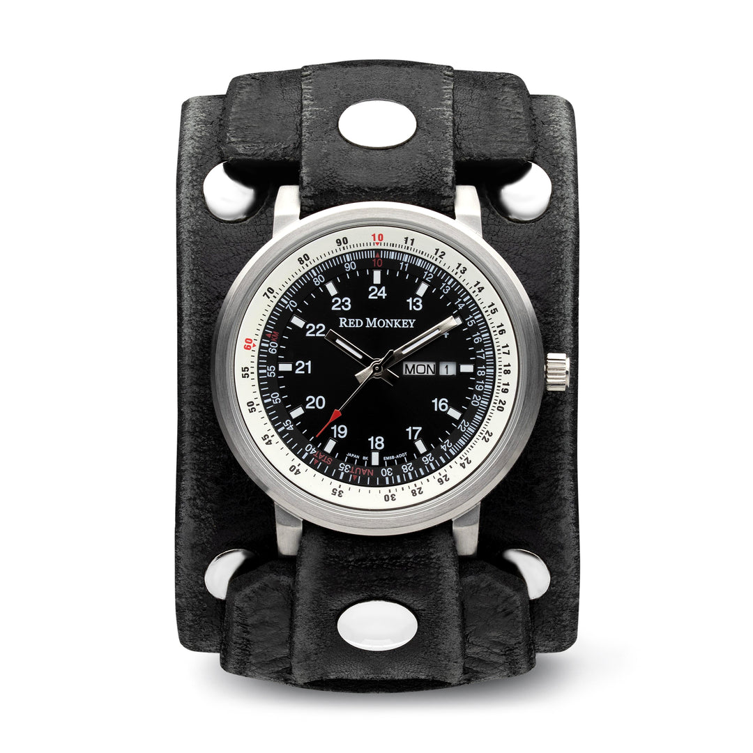 Black Leather Cuff Watch Edgy Watch Red Monkey – Red Monkey