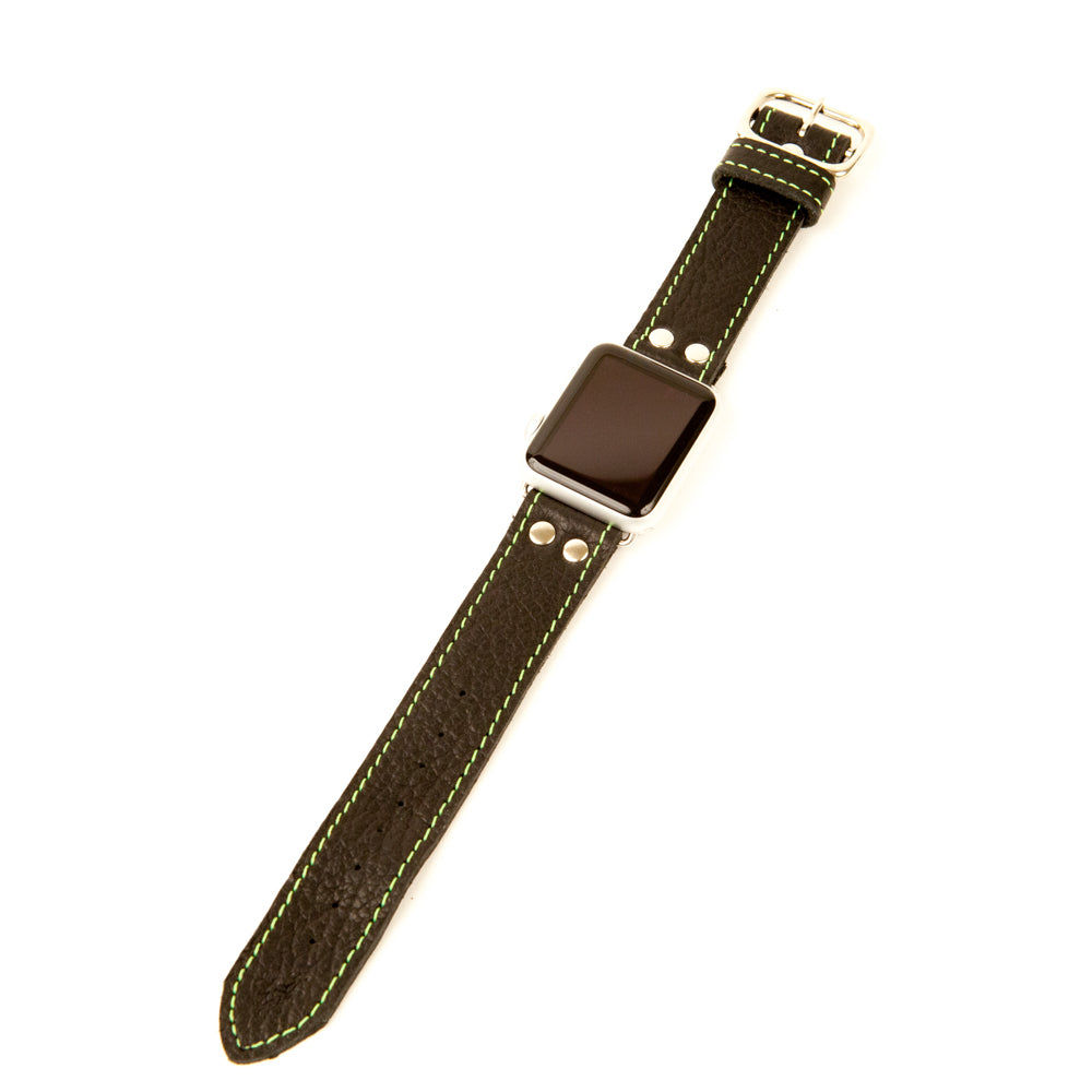 Black leather Apple Watch and with green stitch | handmade in the U.S.A.