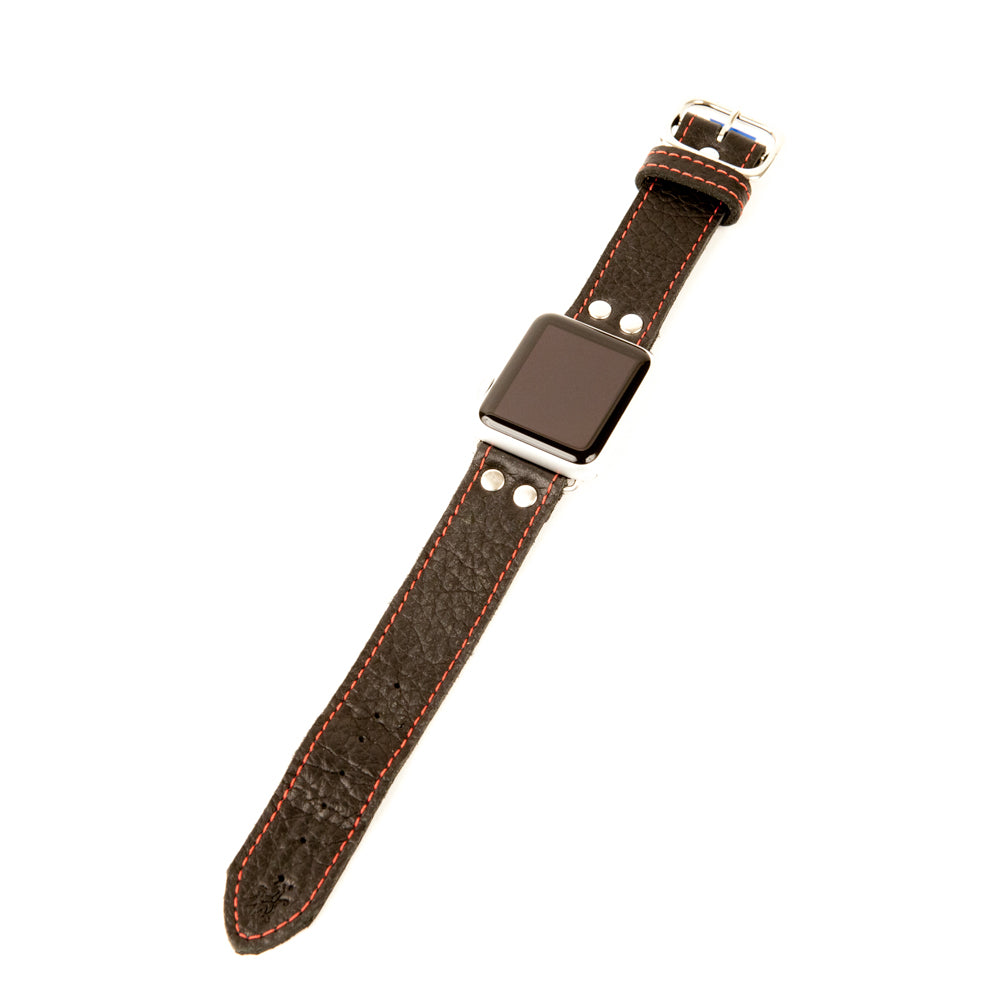 Unique Apple Watch band in black leather with red stitch