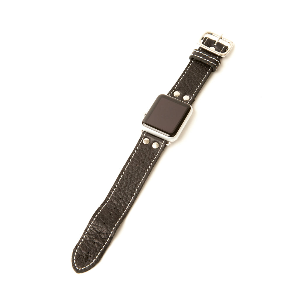Black leather Apple Watch band with white stitch by Red Monkey