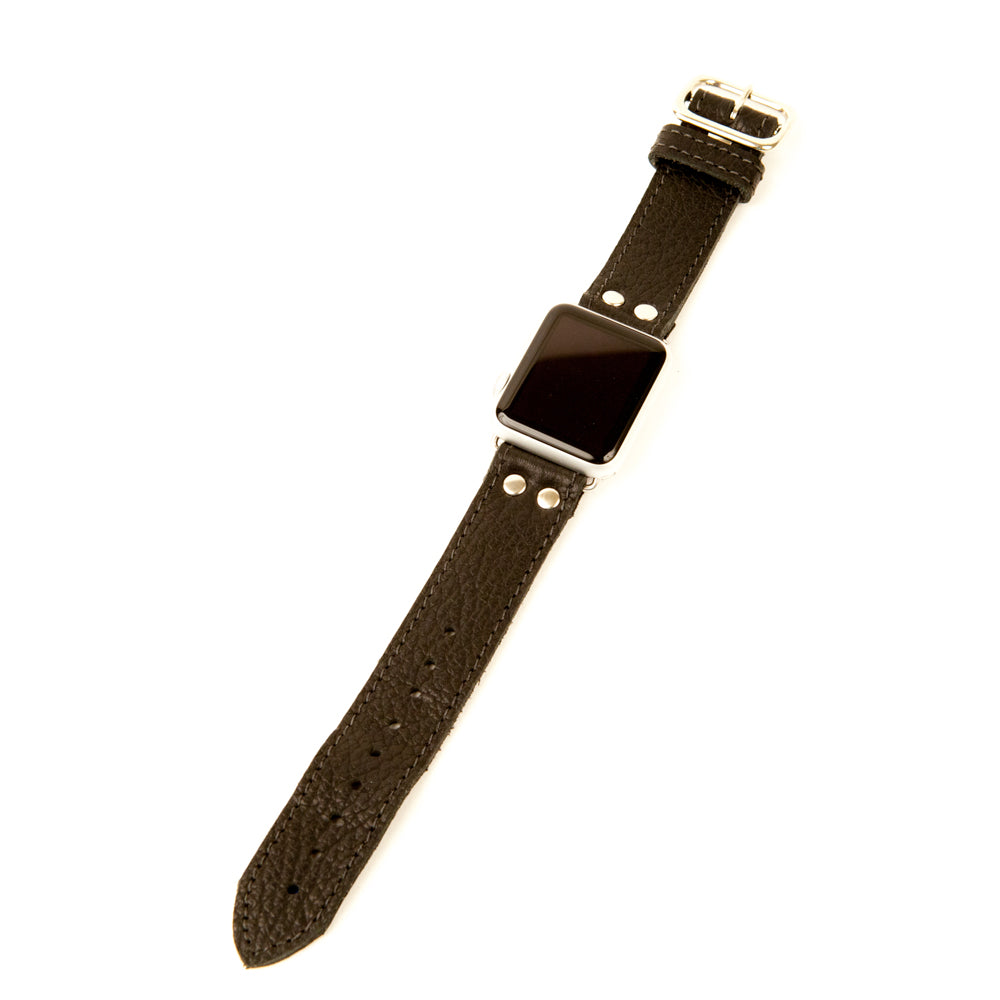 Apple Watch band in black leather with black stitching
