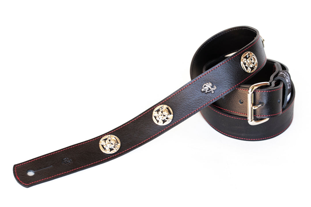 1 1/2" wide leather guitar  strap with Iron cross and skulss