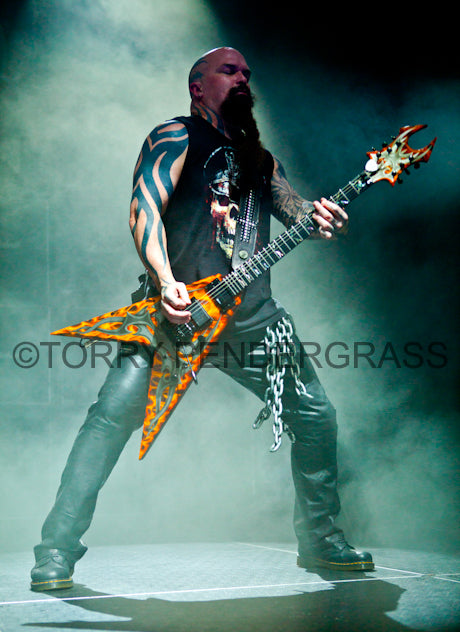 Kerry King with upside down cross guitar strap photograph by Torry Pendergrass 