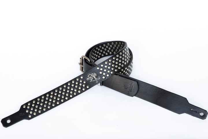 lack Red Monkey Bootleg studded leather guitar strap with silver hardware