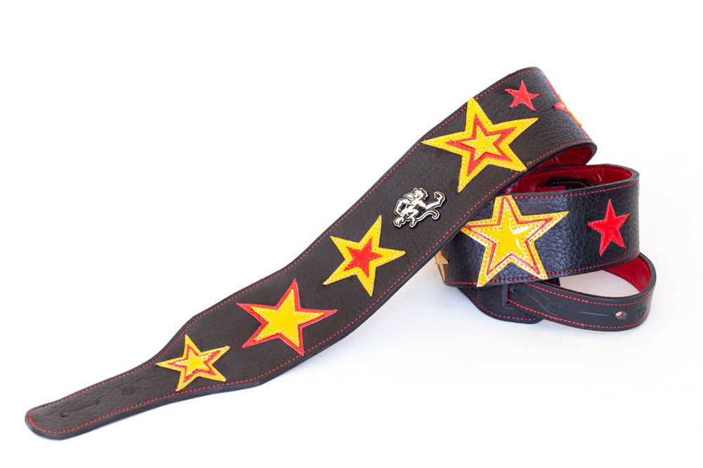 Red Monkey leather guitar strap with stars