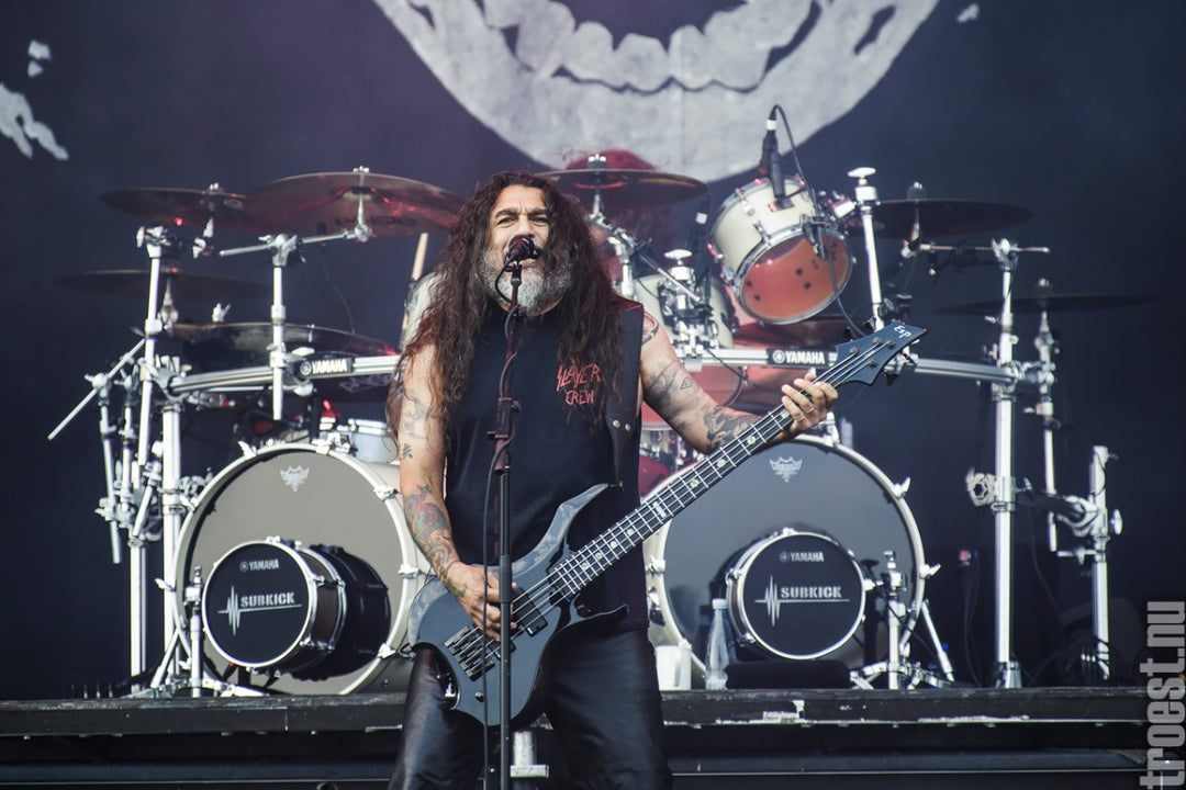 Tom Araya of Slayer with his 3" inch Red Monkey leather guitar strap.
