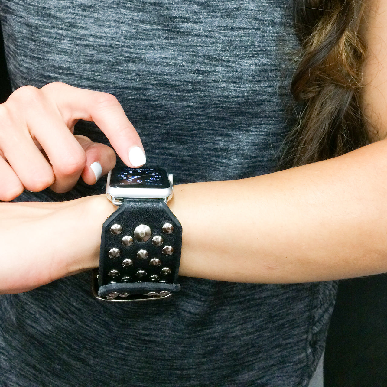 Black Leather Rock'n'Roll Apple Watch Band with Studs – Red