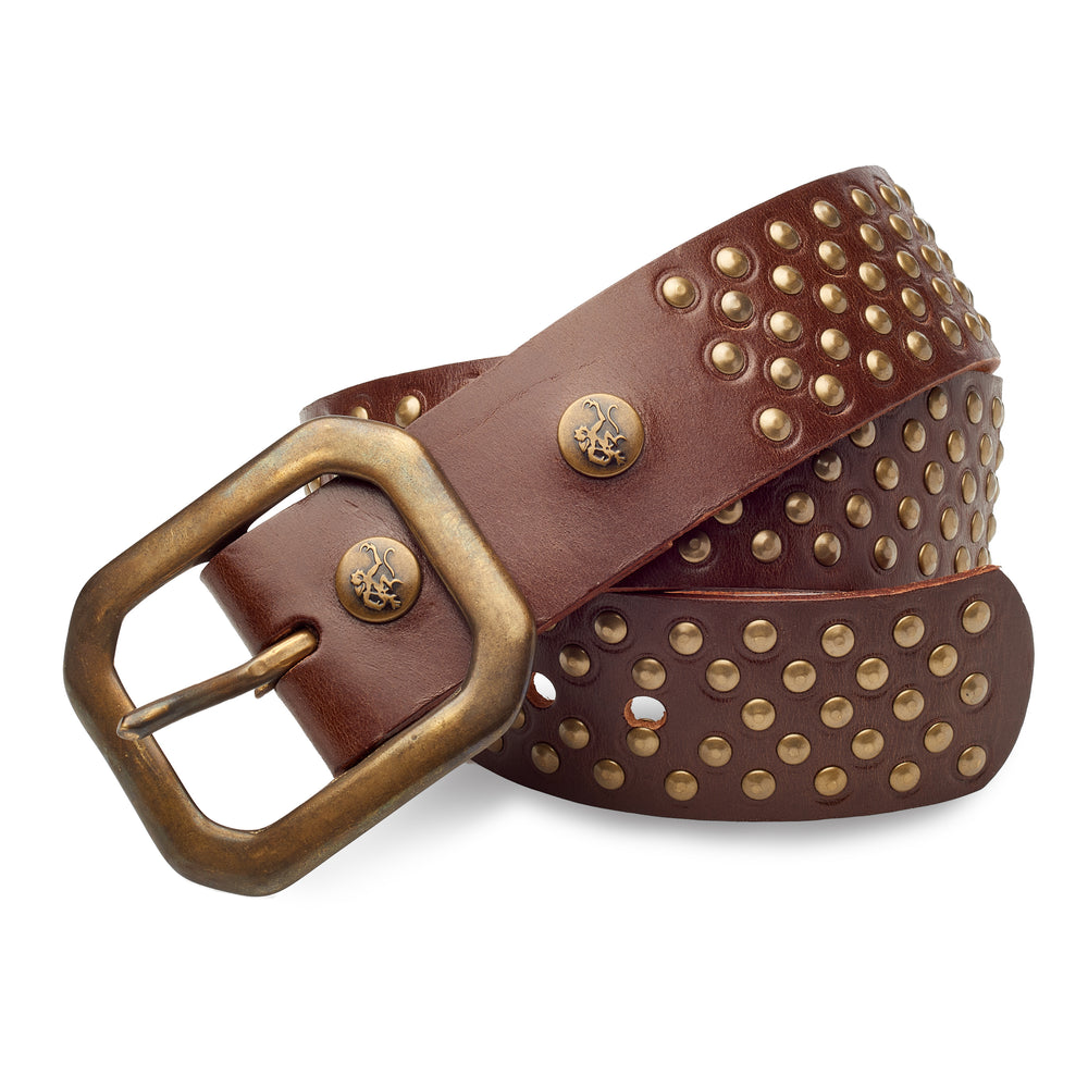Close-up of Bootleg Belt with chocolate leather and antique brass hardware