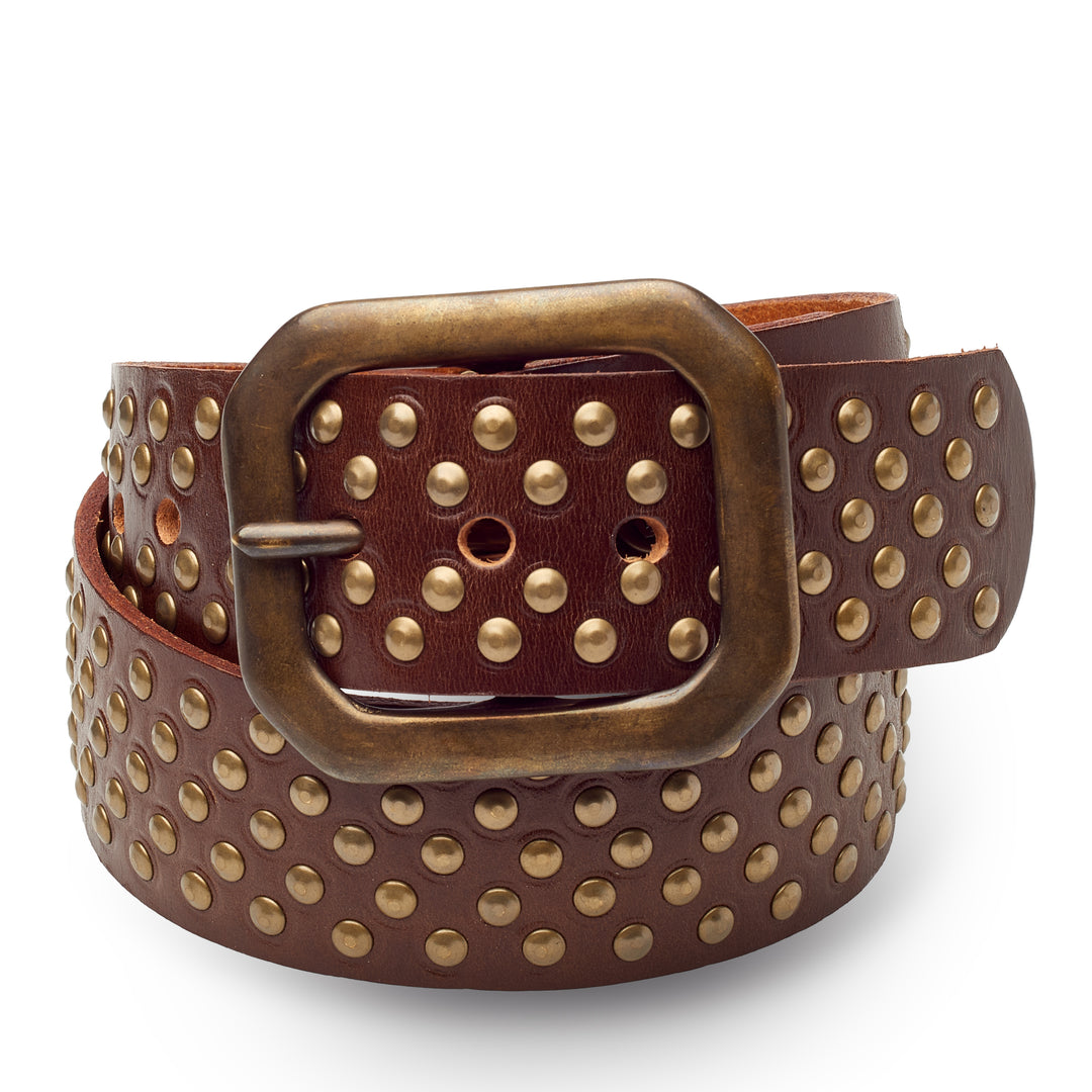 Bootleg Western Leather Belt in chocolate leather with antique brass hardware