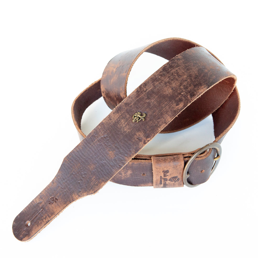 Distressed leather guitar strap with vintage buckle