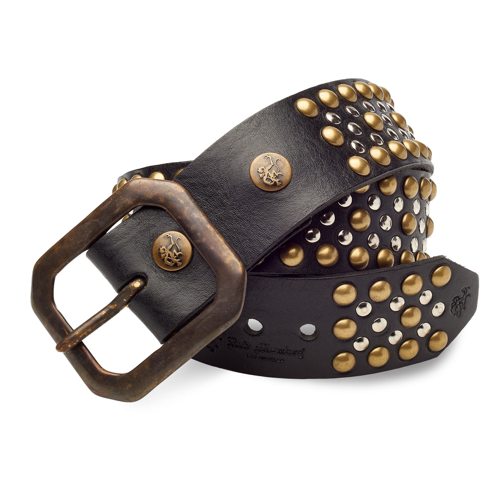 Close-up of Easy Rider Black Belt with brass and silver studs on black leather