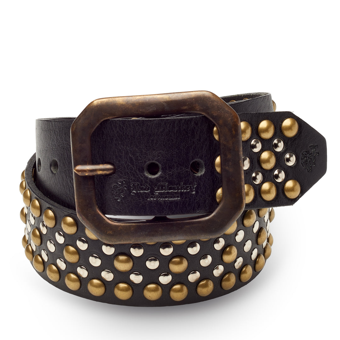 Easy Rider Black Studded Leather Belt with two-tone metal studs and antique brass buckle