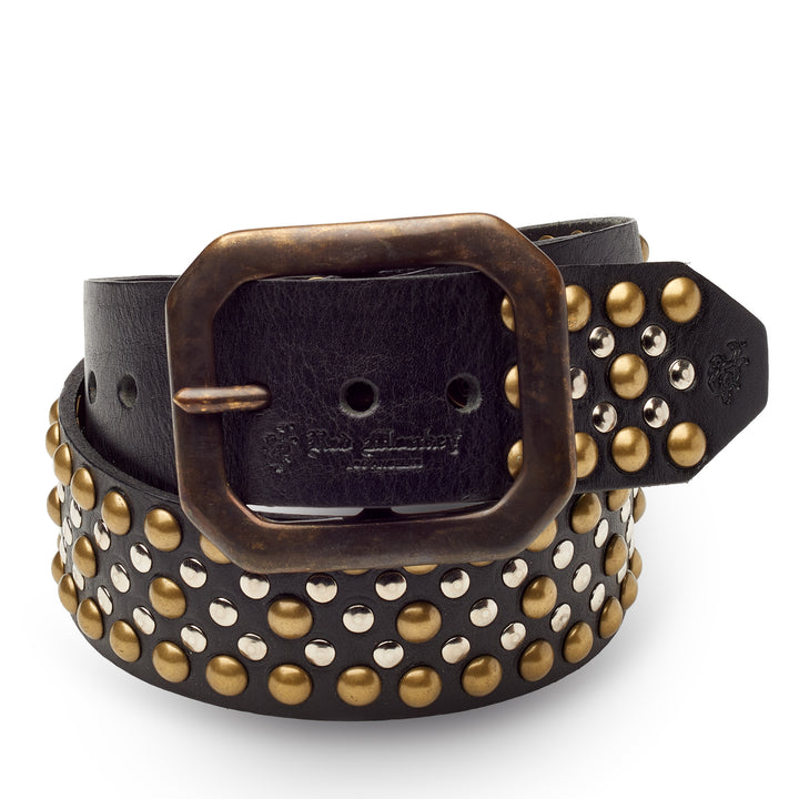 Easy Rider Black Studded Leather Belt with two-tone metal studs and antique brass buckle
