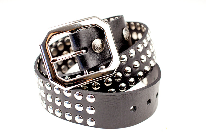 Close-up of Maiden Belt with silver studs and matching buckle on black leather