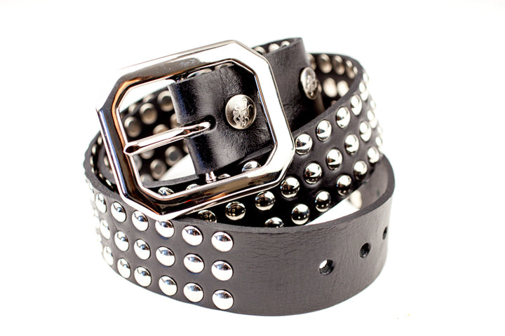 Close-up of Maiden Belt with silver studs and matching buckle on black leather