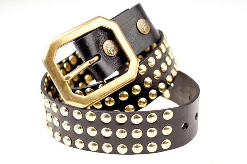 Maiden Triple Row Studded Belt in black leather with three rows of silver studs