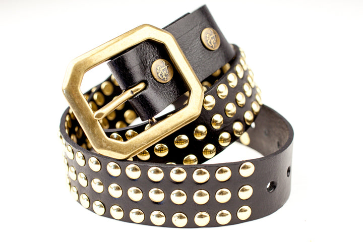 Maiden Triple Row Studded Belt in black leather with three rows of silver studs