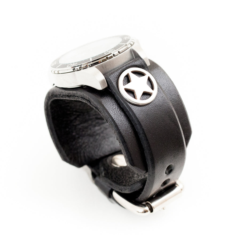 ROCK STAR Limited Edition Red Monkey watch with 44mm case, black leather cuff and silver star hardware