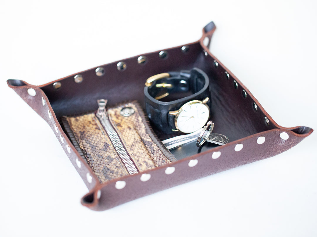 Red Monkey Leather valet tray with rivets. 