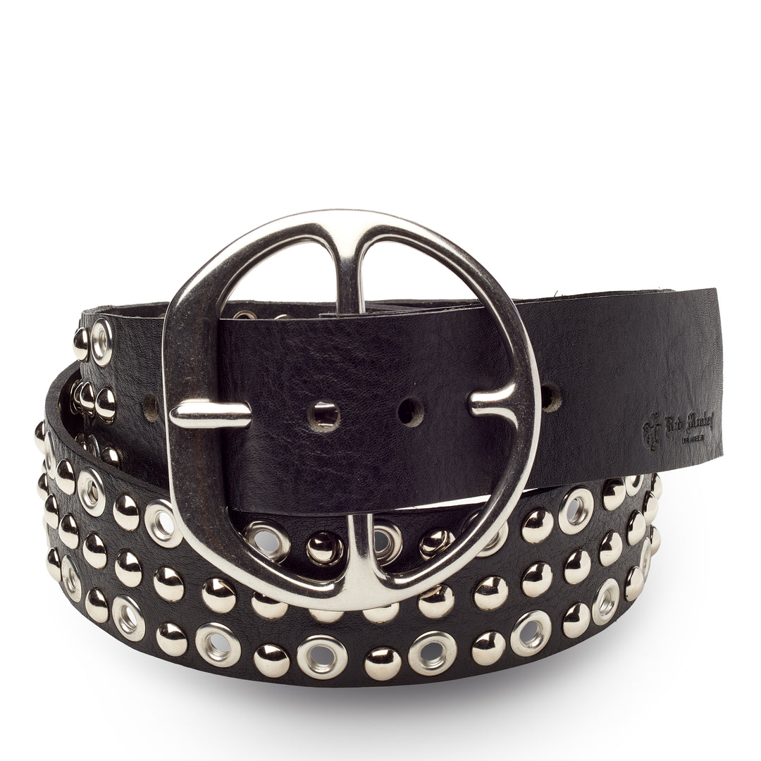Vintage Soul Leather Belt in black full-grain leather with rivet and grommet hardware